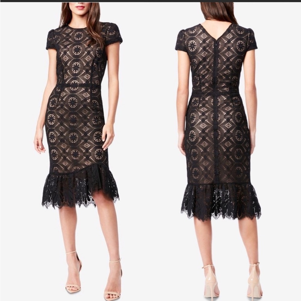 BETSY JOHNSON sz 4 gorgeous, black lace overlay dress with ruffled hem black tie